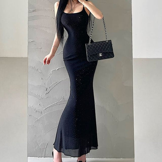 Sequin Mesh Maxi Sheath Dress with Rhinestone Straps