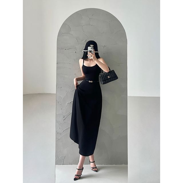 Set: Thin Strap Solid Maxi A-Line Dress + Belt