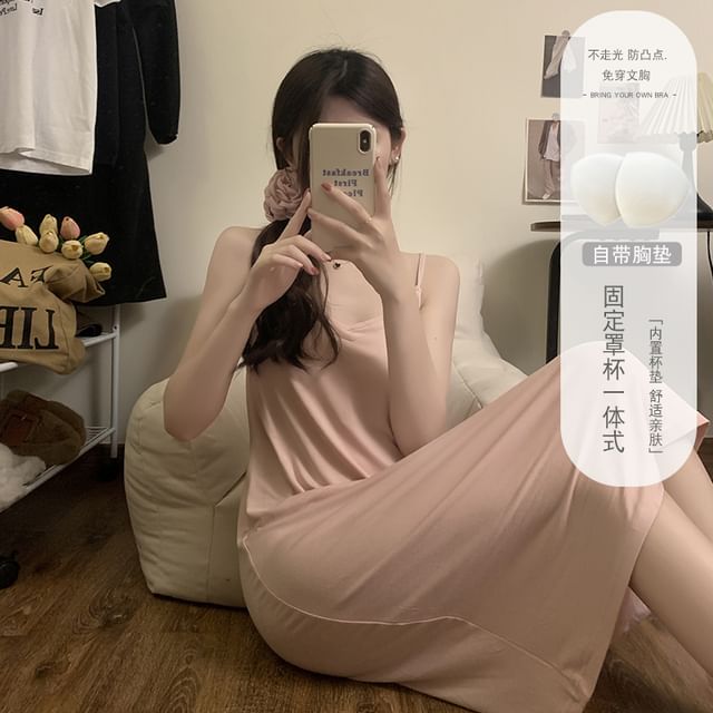 Padded V-Neck Pajama Dress with Thin Shoulder Straps