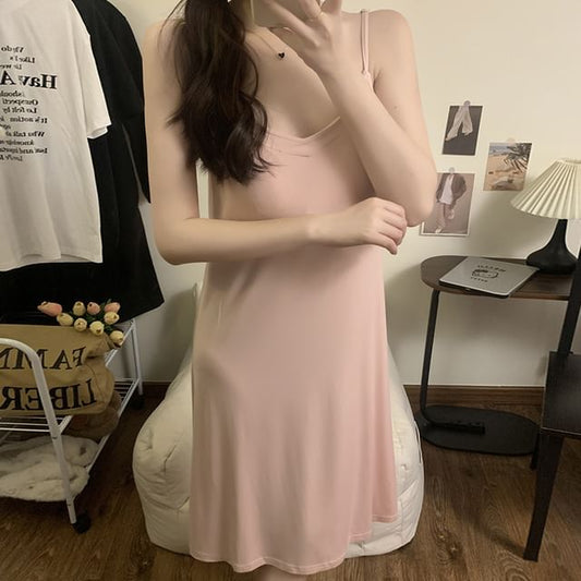 Padded V-Neck Pajama Dress with Thin Shoulder Straps