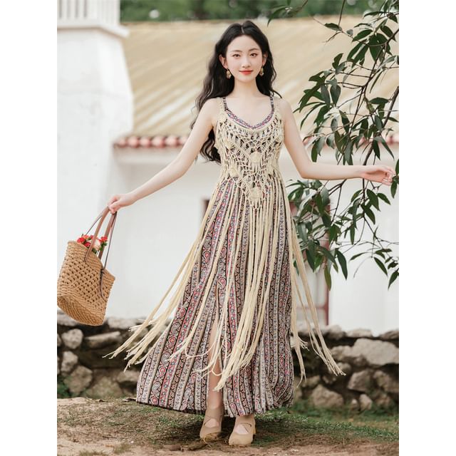 Plain Crochet Knit Midi Pinafore Dress / Spaghetti Strap Patterned Maxi Sundress / Set