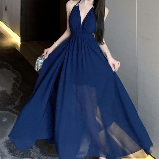 Plain Side-Slit A-Line Maxi Dress Halter