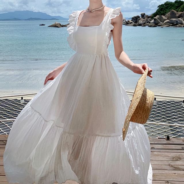 Open Back Dress Maxi Lace Sleeveless A-Line Trim Plain