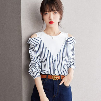 Striped Long Sleeve Cold Shoulder Shirt