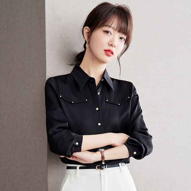 Long Sleeve Lapel Neck Plain Studded Shirt