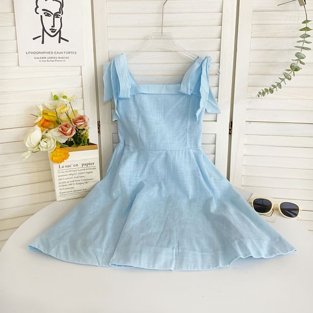 Tie Shoulder Solid Mini A-Line Dress