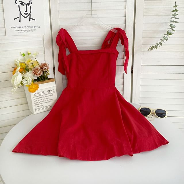 Tie Shoulder Solid Mini A-Line Dress