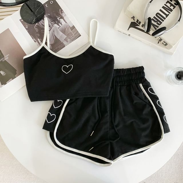 Set: Heart Embroidered Contrast Trim Crop Cami Top + Drawstring Waist Sweat Shorts