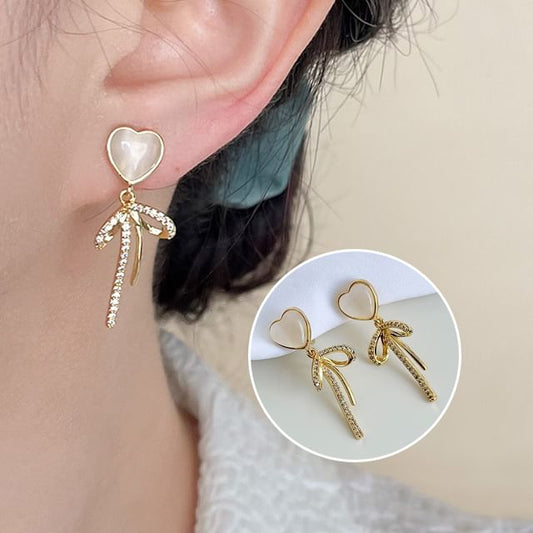 Heart Clip Drop On Earring Bow Rhinestone