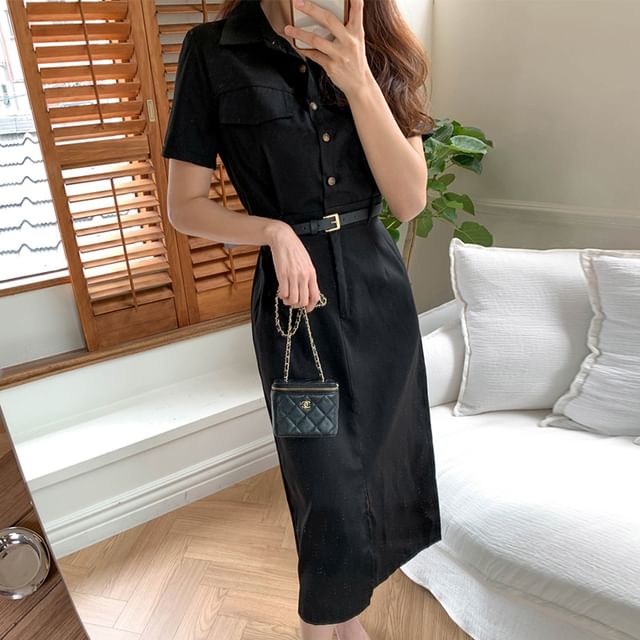 Short-Sleeve Half Buttoned Plain Maxi Shirt Dress