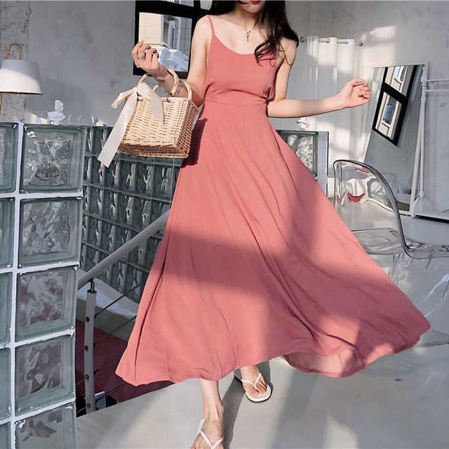 Maxi Spaghetti Back Plain Sundress Open Strap