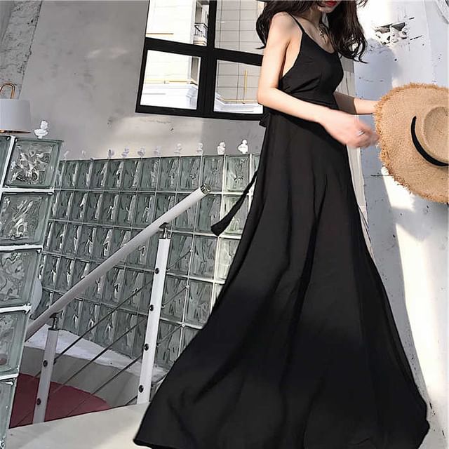 Maxi Spaghetti Back Plain Sundress Open Strap