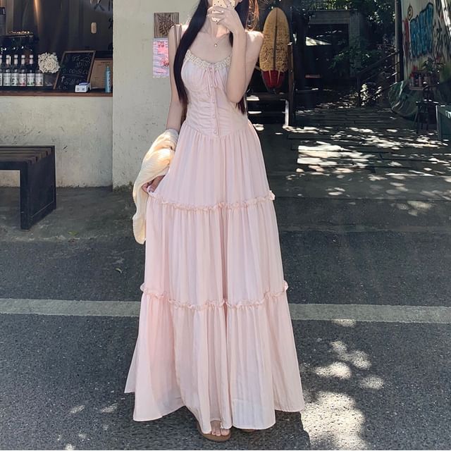 Thin Strap Scoop Neck Solid Maxi A-Line Dress / Solid Cardigan