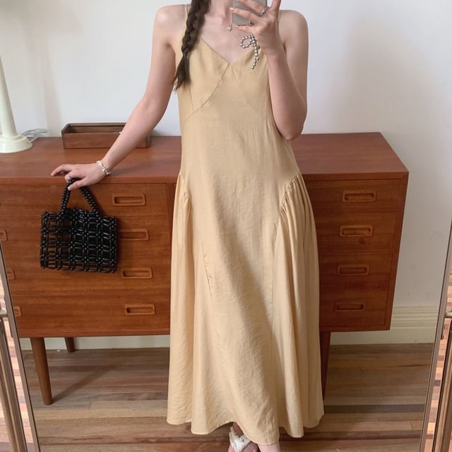 Thin Strap Solid Midi A-Line Dress