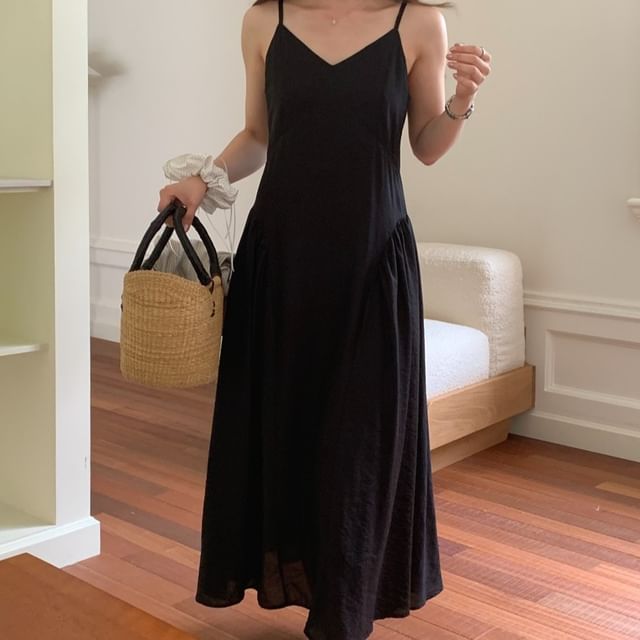 Thin Strap Solid Midi A-Line Dress