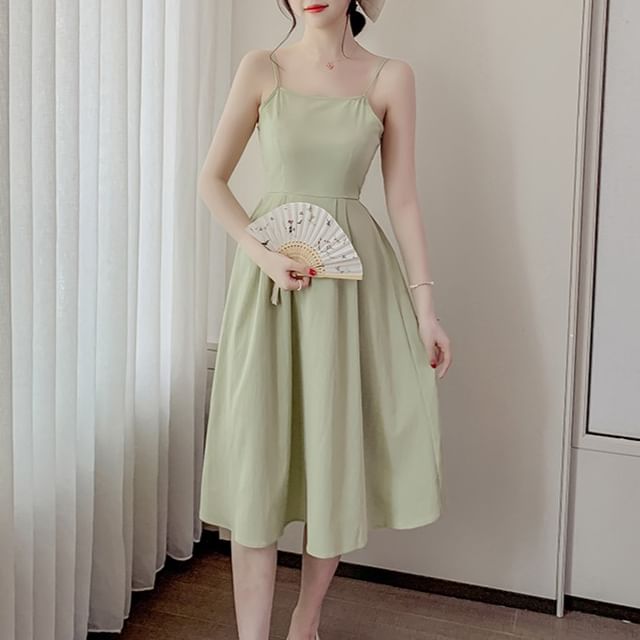 Puff-Sleeve Solid Light Jacket / Thin Strap Midi A-Line Dress