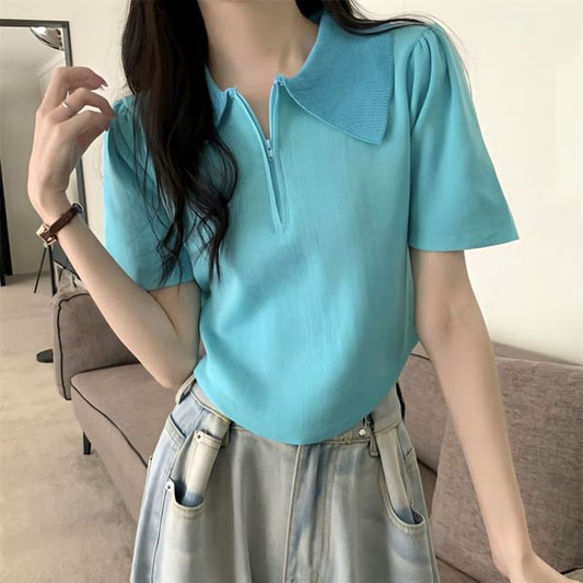 Collared Short-Sleeve Top Knit Half Zip