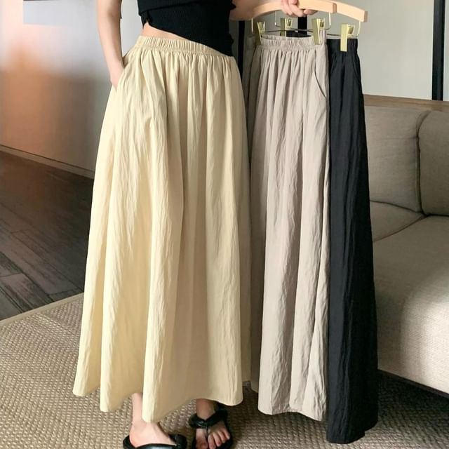 Waist A-Line Skirt Plain Maxi Elastic