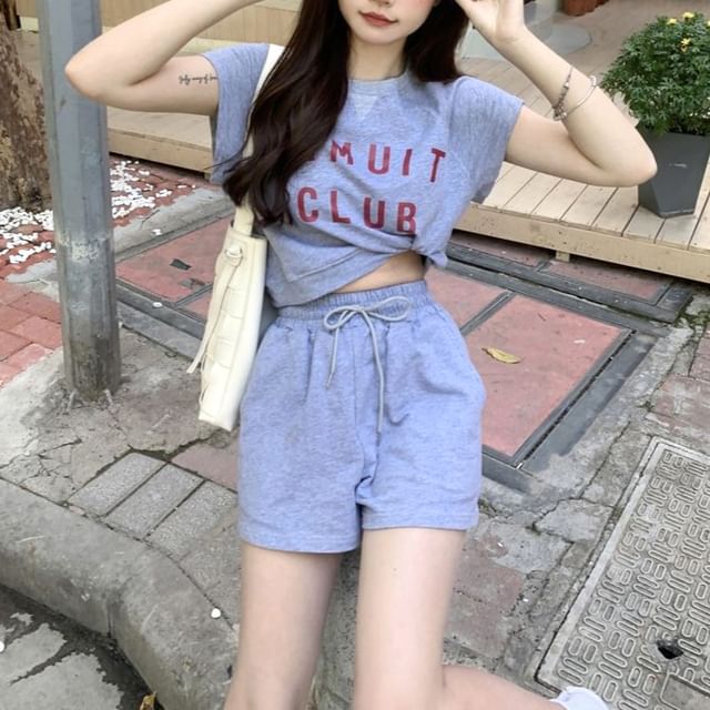 Plain Shorts Crew T-Shirt Drawstring Print Waist Short-Sleeve Set: + Lettering Neck