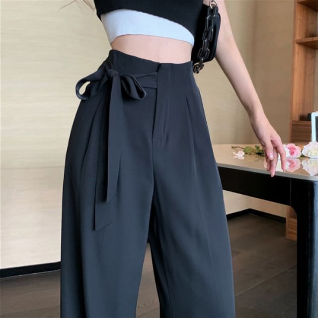 Wide Leg High Pants Dress Plain Tie-Up Waist