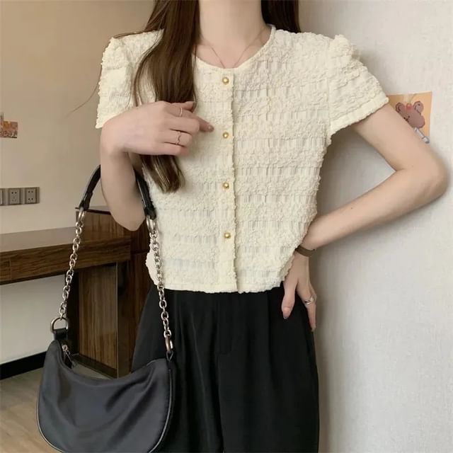 Neck Top Plain Short-Sleeve Button Round Frill