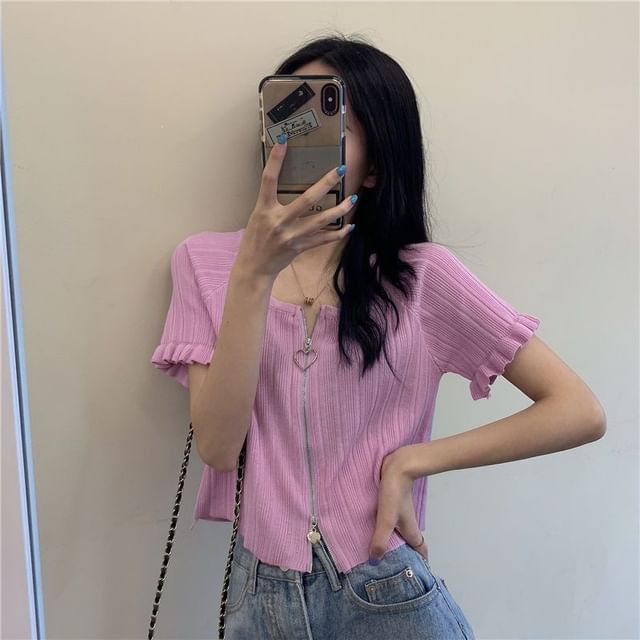 Neck Plain Short-Sleeve Round Ribbed Zip Cardigan