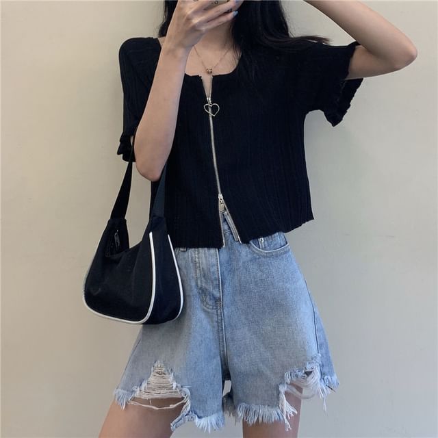 Neck Plain Short-Sleeve Round Ribbed Zip Cardigan