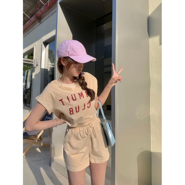 Plain Shorts Crew T-Shirt Drawstring Print Waist Short-Sleeve Set: + Lettering Neck