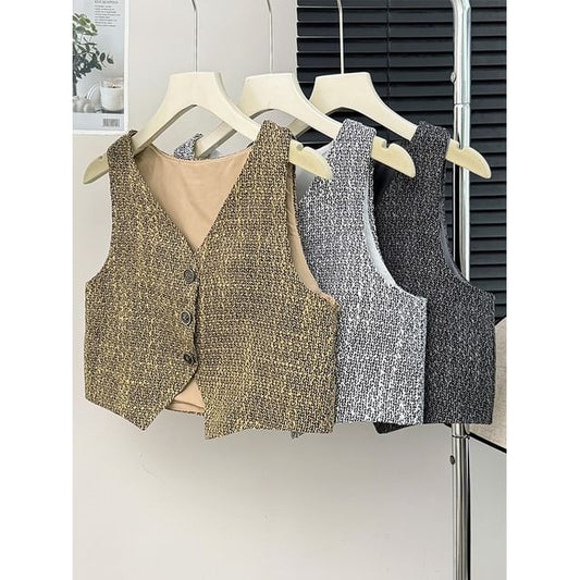 Button-Up V-Neck Tweed Vest
