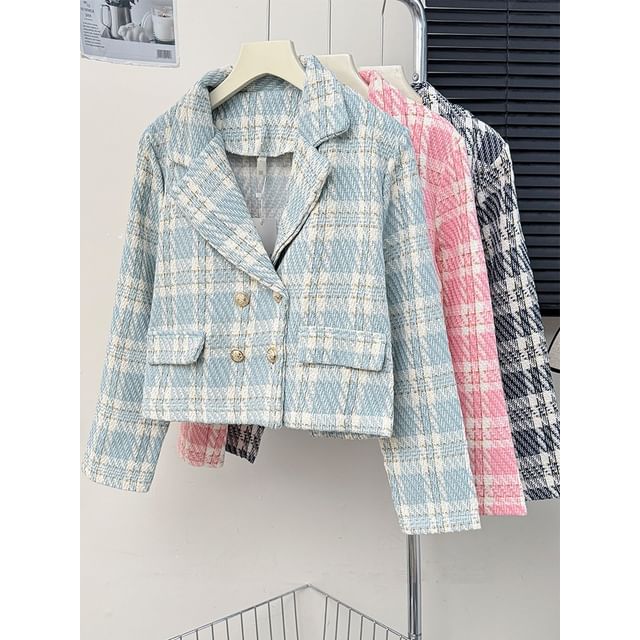 Lapel Double-Breasted Plaid Tweed Jacket