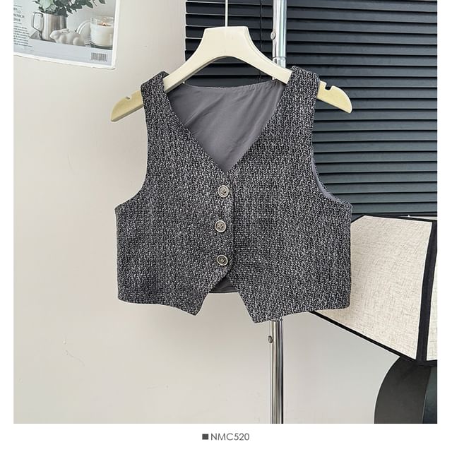 Button-Up V-Neck Tweed Vest