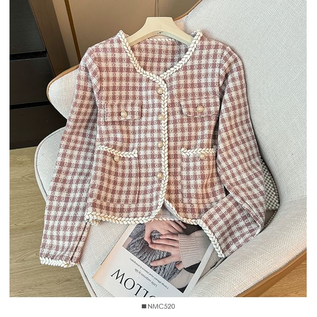 Contrasted Round-Neck Tweed Jacket