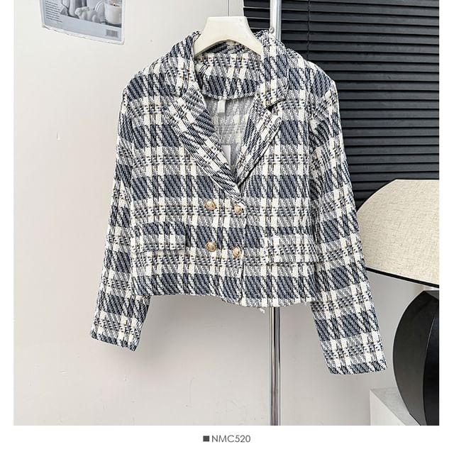 Lapel Double-Breasted Plaid Tweed Jacket
