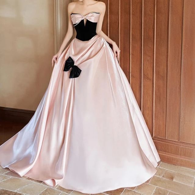 Strapless Bow Two Tone A-Line Evening Dress