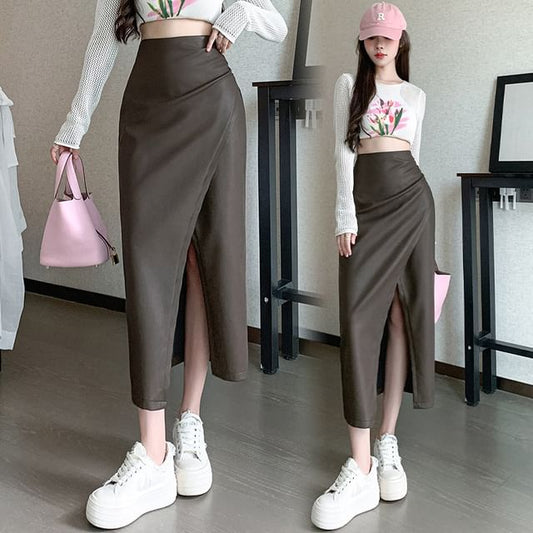 High Rise Plain Faux Leather Slit Midi Pencil Skirt