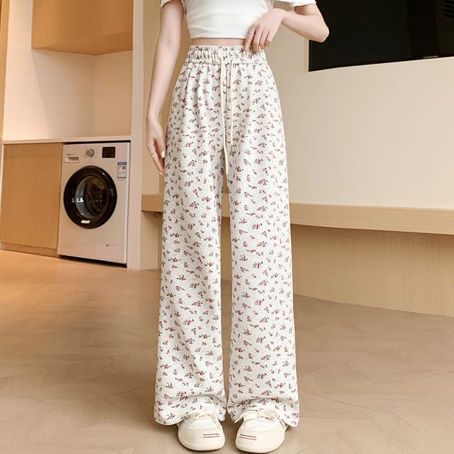 Drawstring Waist Floral Wide Leg Sweatpants