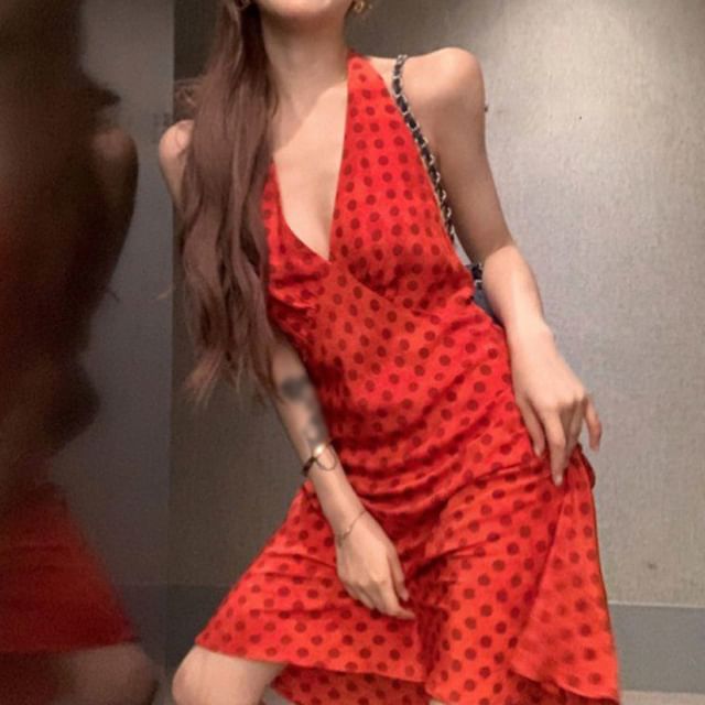 Smock V-Neck Dotted Halter Dress