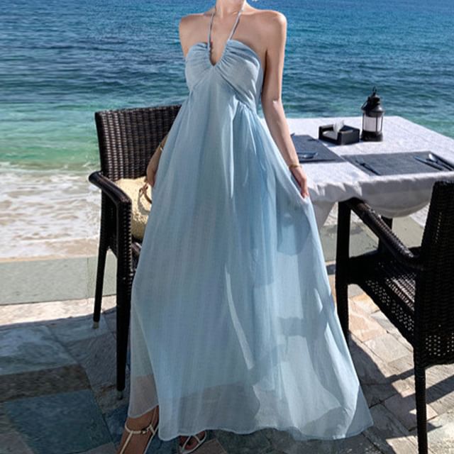 Maxi Dress Halter Plain Tie A-Line Back