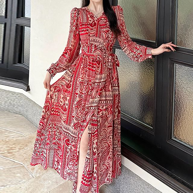 Slit A-Line Long-Sleeve Patterned Dress Maxi Print V-Neck