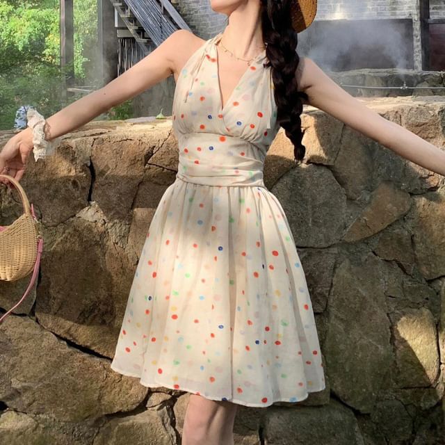 V-Neck Halter Dotted Dress Mini A-Line