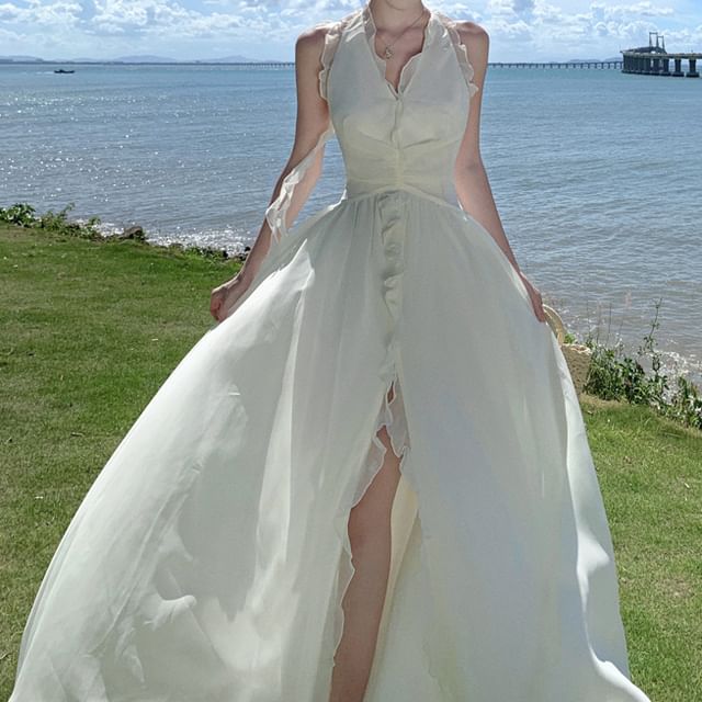 Maxi Plain Halter Dress Front-Slit V-Neck Ruffle A-Line