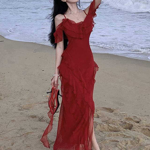Plain Maxi Ruffle Sundress Cold-Shoulder Asymmetrical