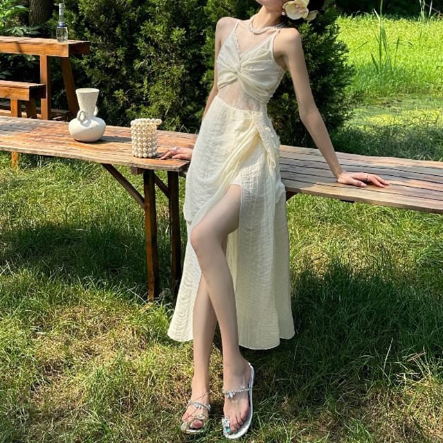 Lace Ruched Slit Plain Strap Panel Maxi A-Line Dress V-Neck Spaghetti