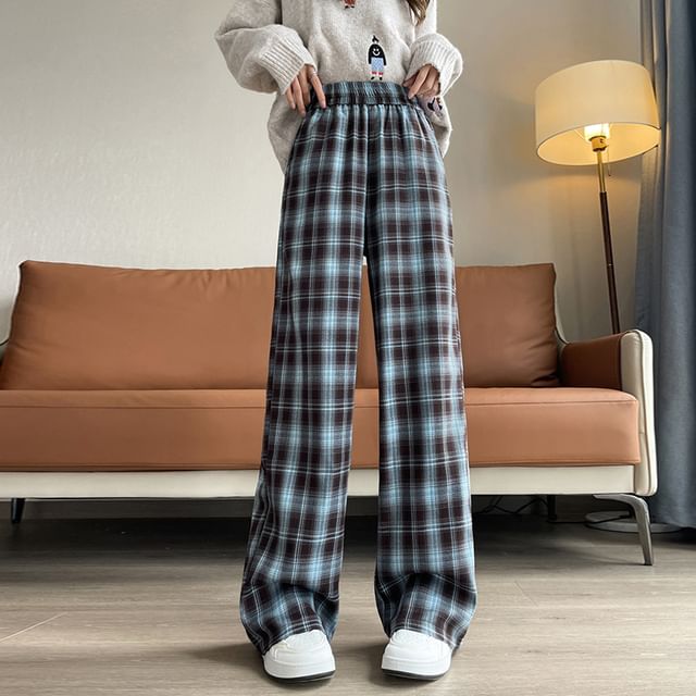 High Rise Plaid Wide Leg Pants (Various Designs)