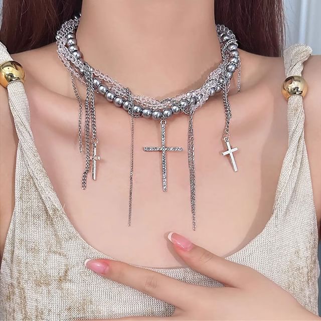 Cross Faux Pearl Choker / Layered Faux Pearl Choker