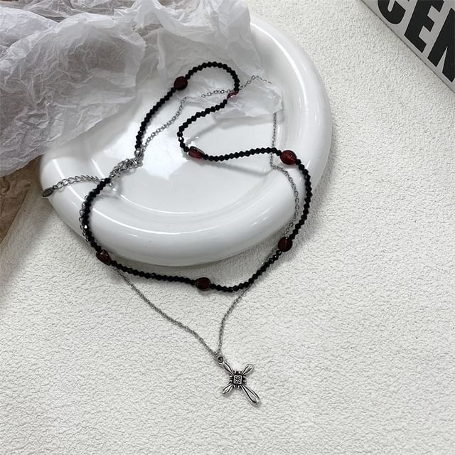 Leather Cross / Choker Rhinestone Faux Necklace