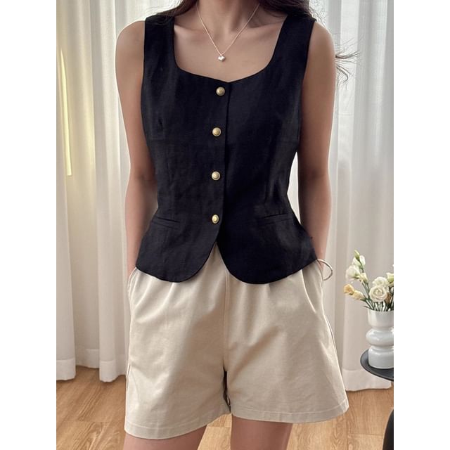 Scoop Neck Button Cropped Vest