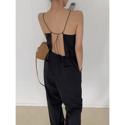 Spaghetti Strap Plain Backless Tie Up Jumpsuit