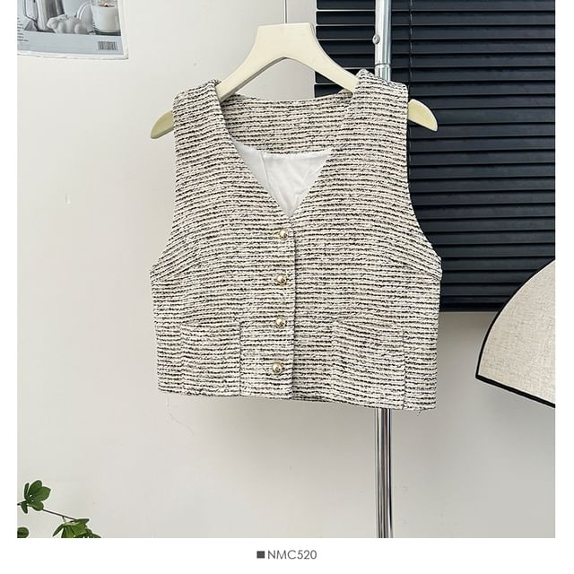Button-Up Tweed Vest Jacket