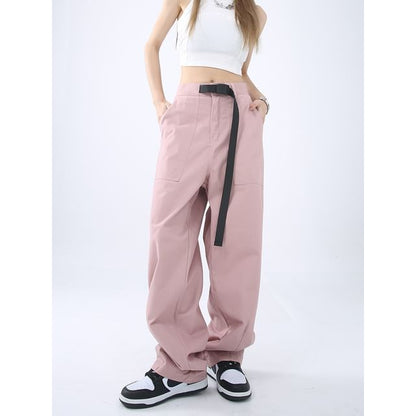 High Rise Buckle Accent Plain Straight-Fit Wide-Leg Cargo Pants